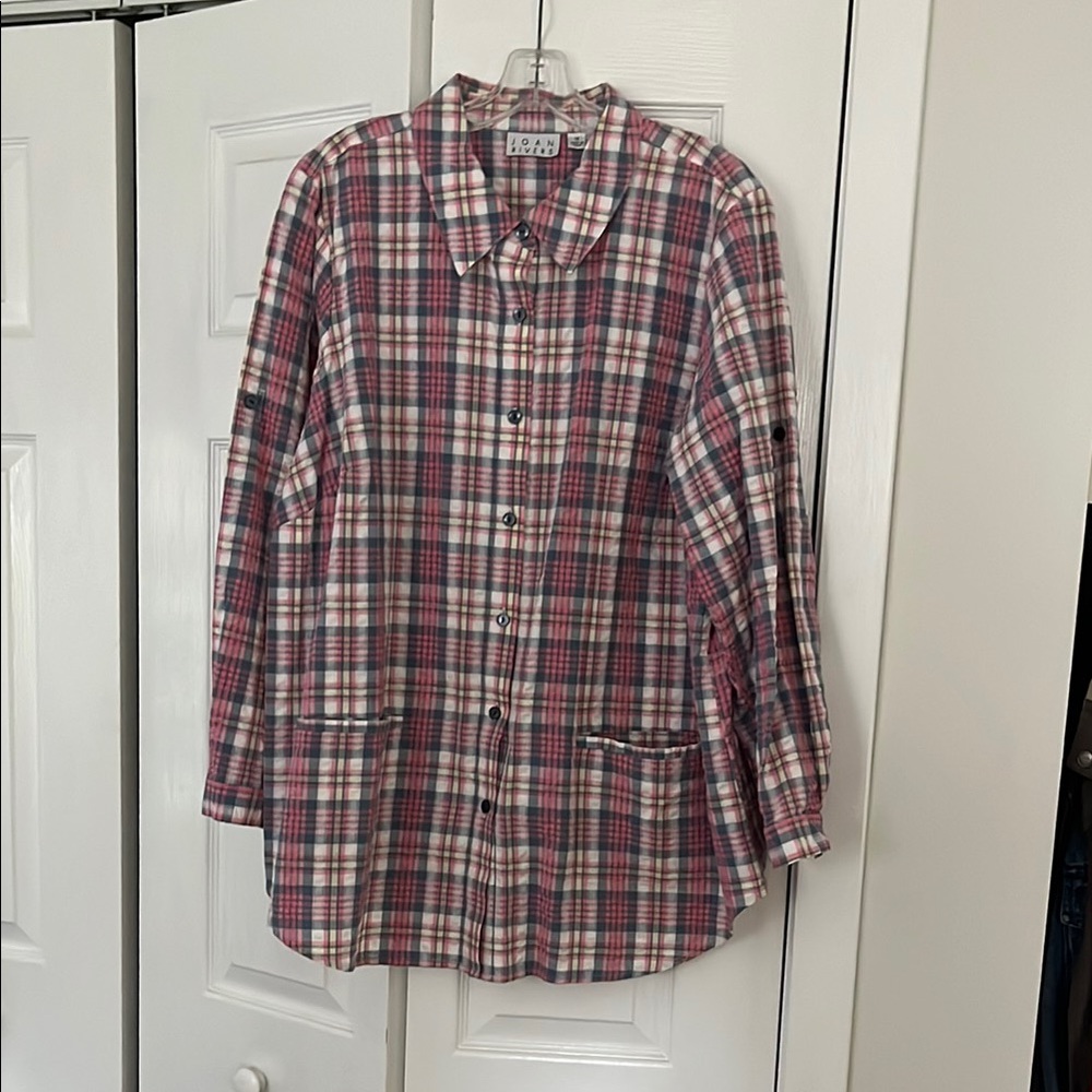 Joan Rivers pink/grey plaid seersucker tunic blouse size 1X
